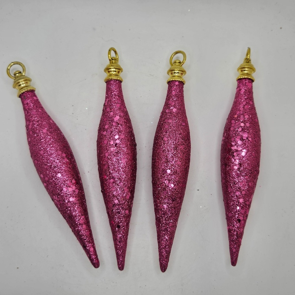 Set of 4 Pink Glitter Icicle Christmas Ornaments Gold Tone Caps 6" Holiday Decor
